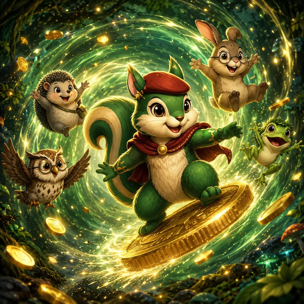 The squirrel surfing a giant golden coin through a swirl of magic