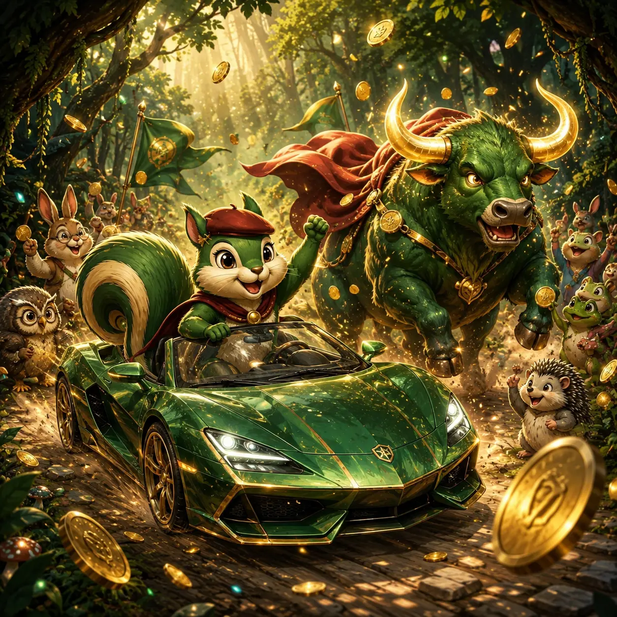The squirrel driving a green supercar chased by a golden-horned bull