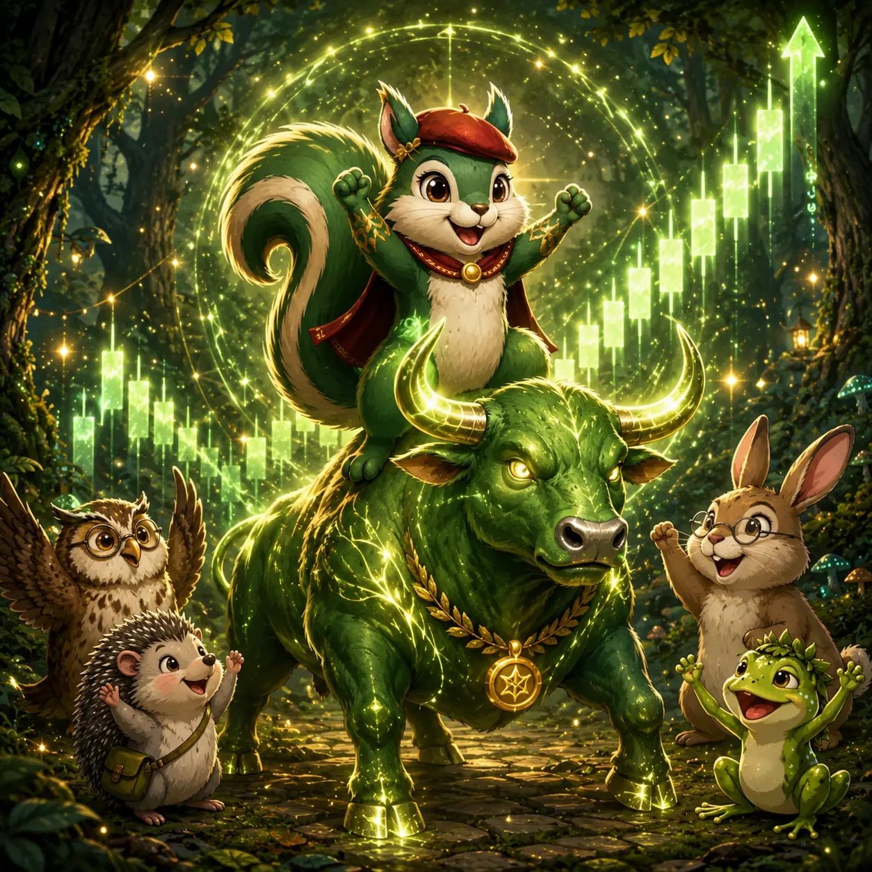 The squirrel riding a glowing green bull in front of rising candles