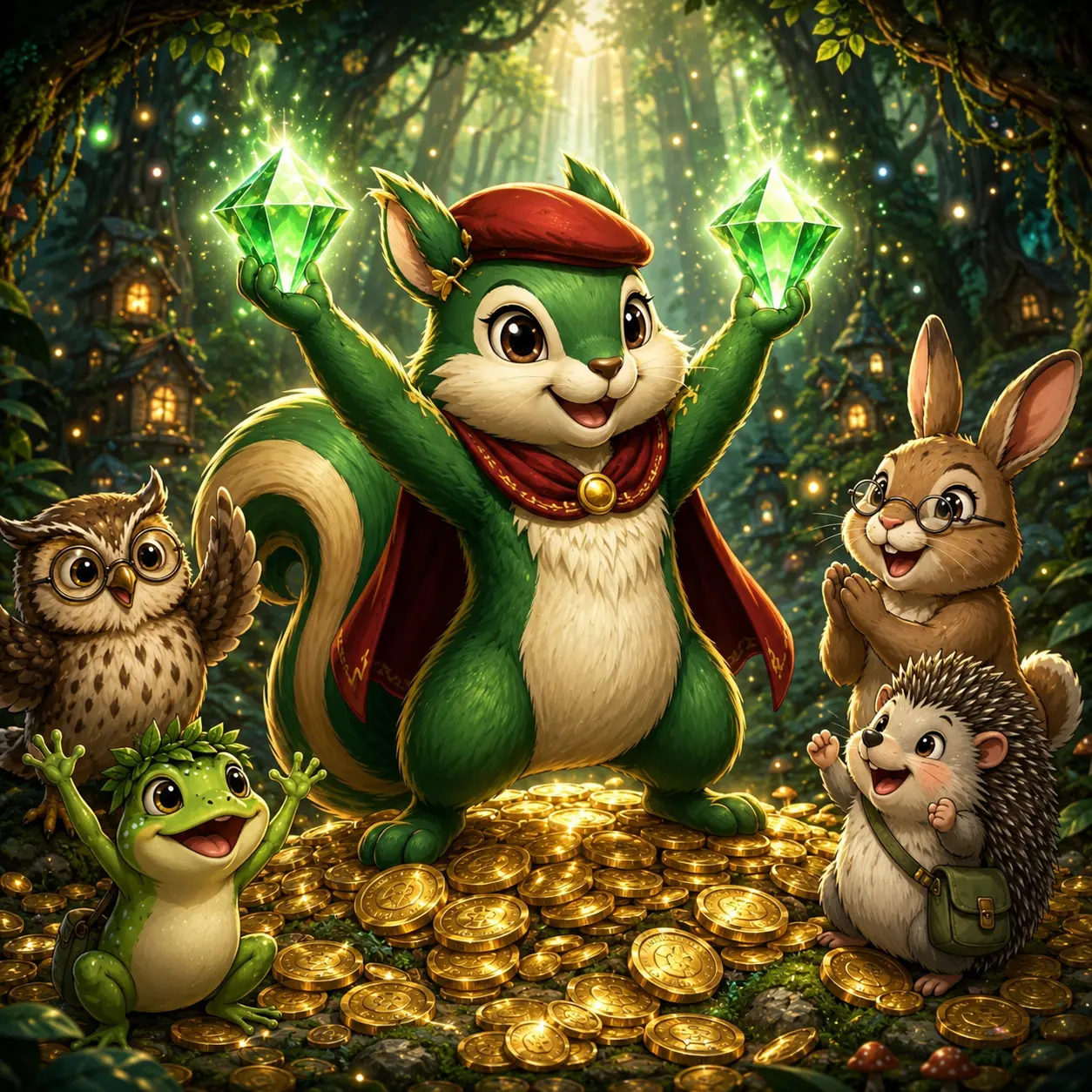 The squirrel lifting two green gems above a hoard of gold coins