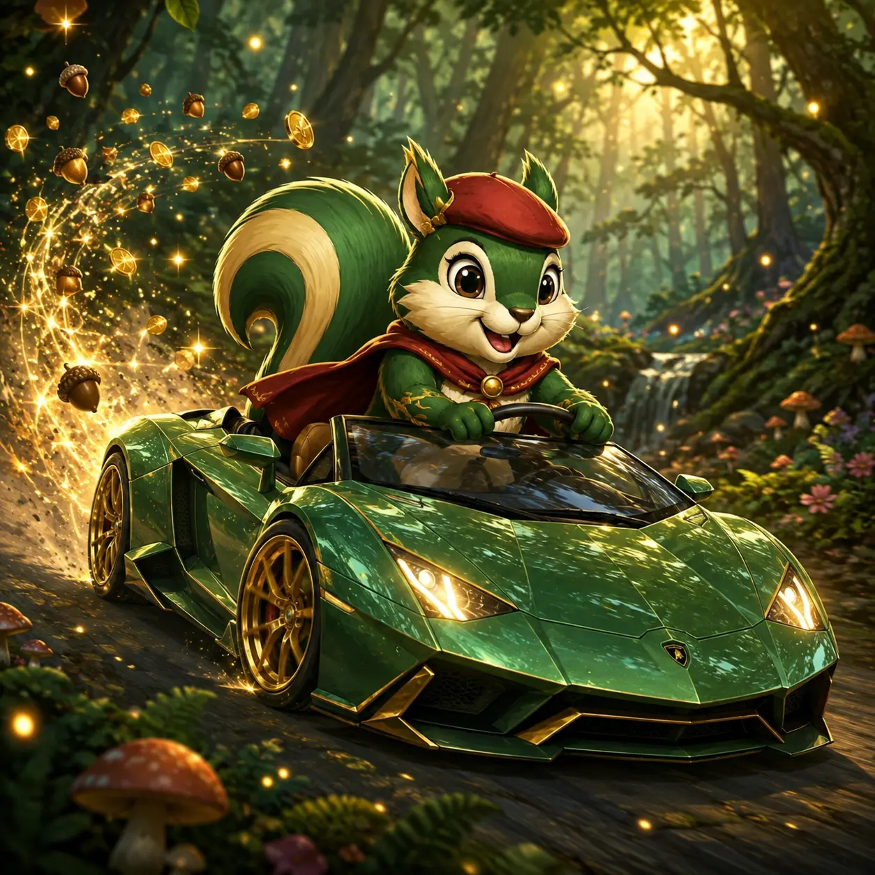 The squirrel racing a green supercar down a lantern-lit forest road