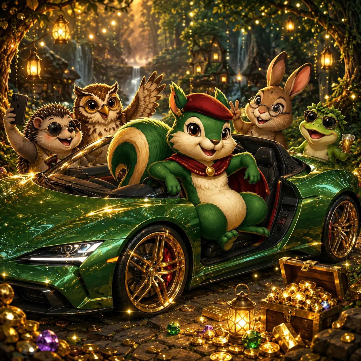 The band taking a selfie in a green supercar beside a treasure chest