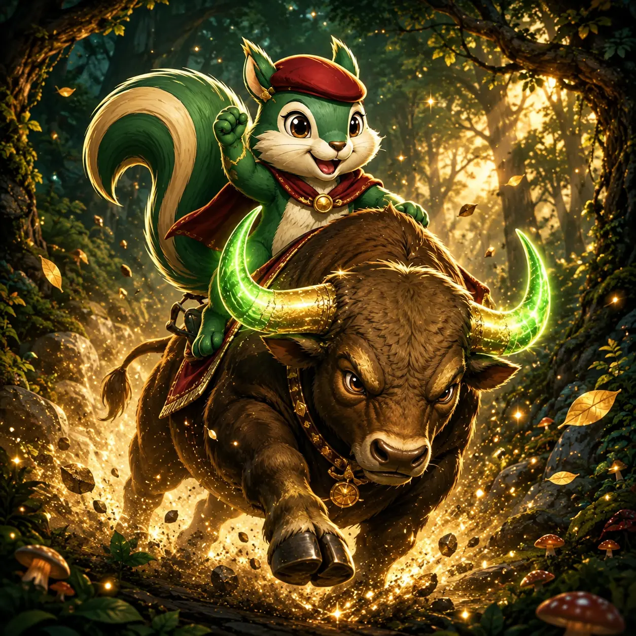The squirrel charging through the forest on a bull with glowing horns