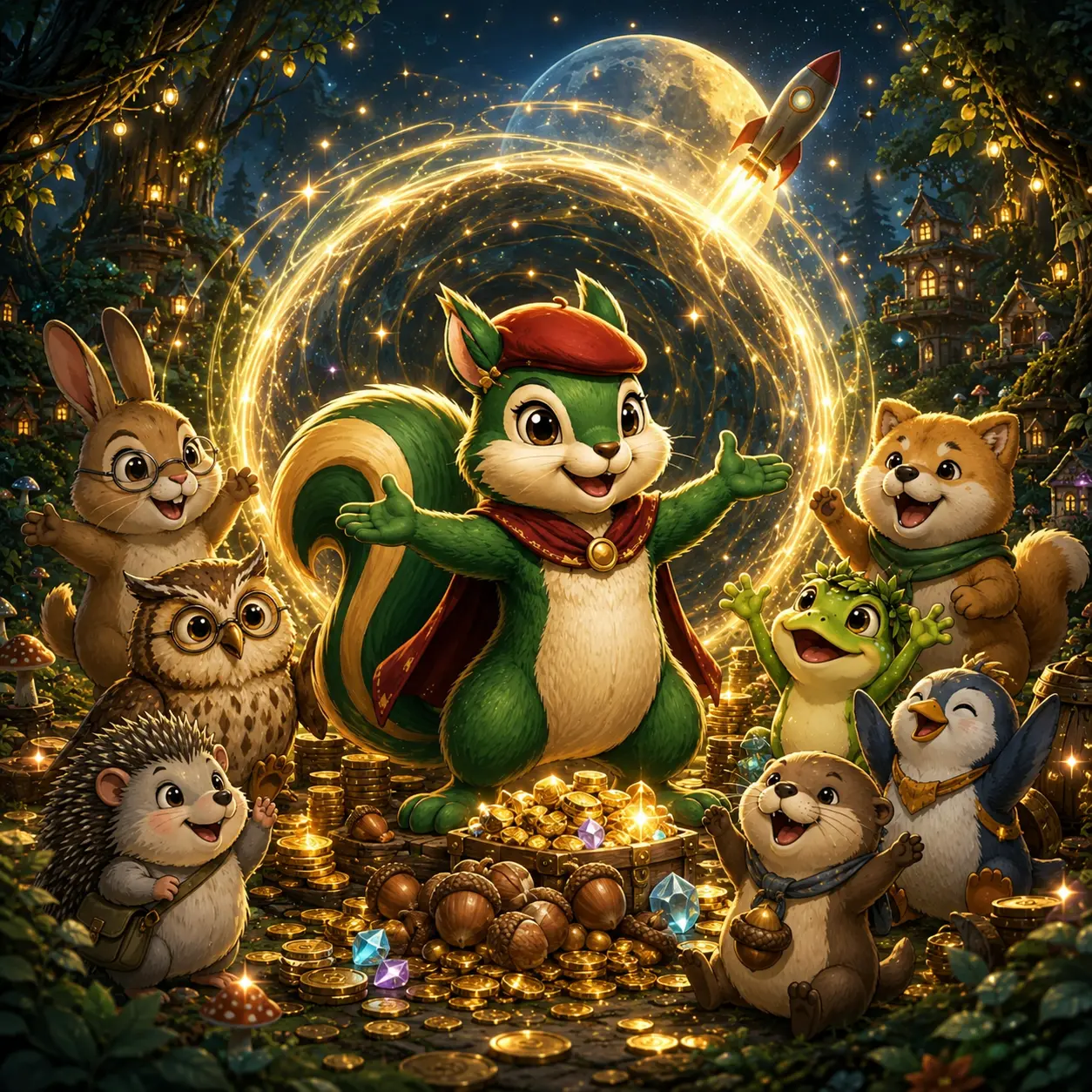 The squirrel and the whole merry band celebrating around a portal of golden coins