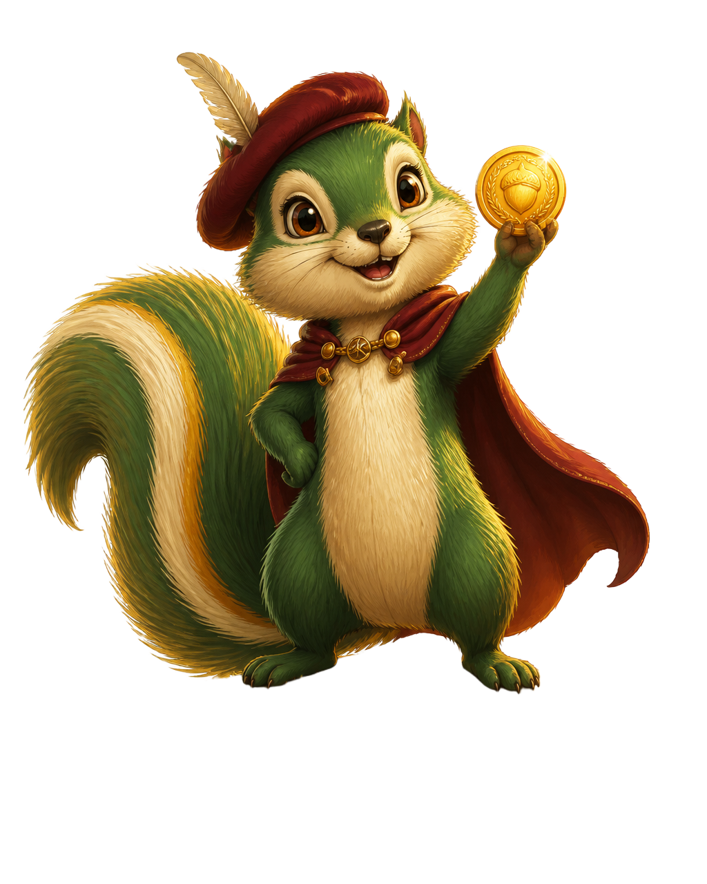 The TAXTHERICH squirrel in a red beret and cape, holding a glowing golden coin