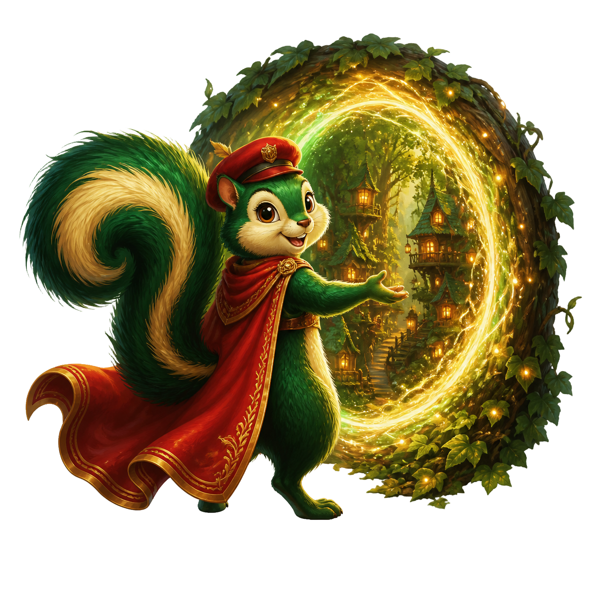 The TAXTHERICH squirrel beckoning you through a glowing forest portal