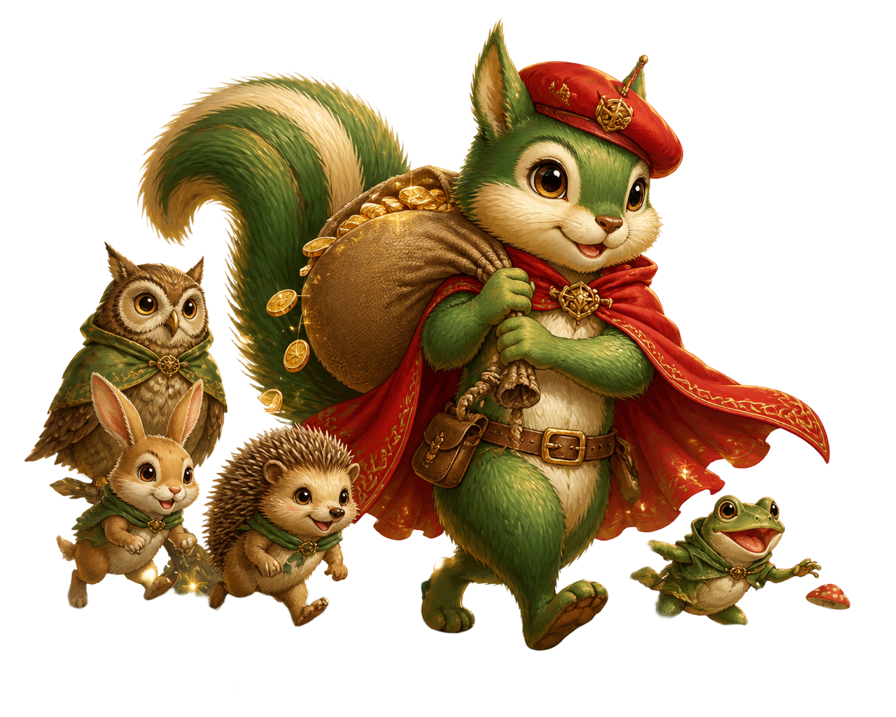 The TAXTHERICH squirrel carrying a bag of golden coins while an owl, rabbit, hedgehog and frog join the band