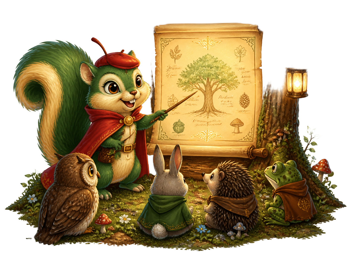 The squirrel teaching forest animals in a woodland classroom lit by lanterns