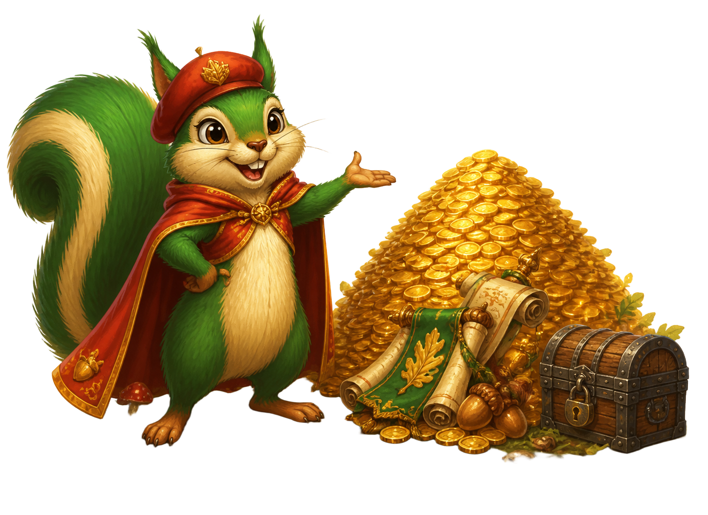 The squirrel presenting three glowing piles of golden coins on a forest floor